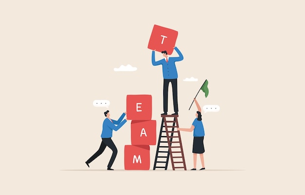 Working together to solve problems together team to achieve success The process of career success People connect puzzle elements with the word team