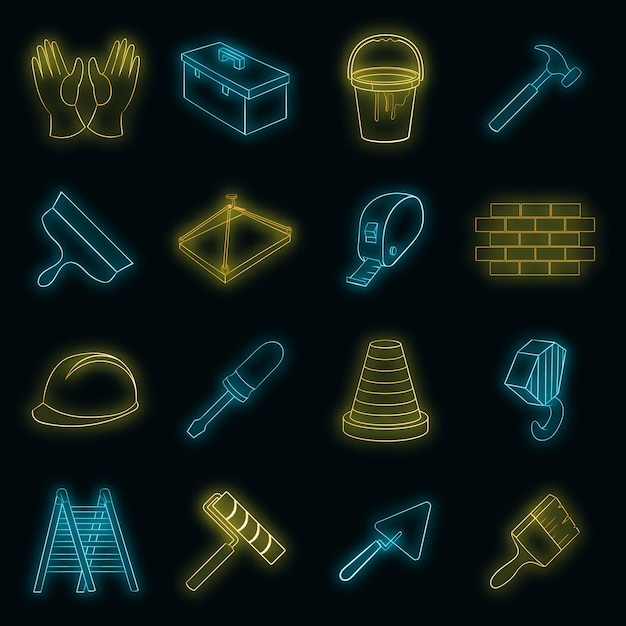 Working tools icons set vector neon