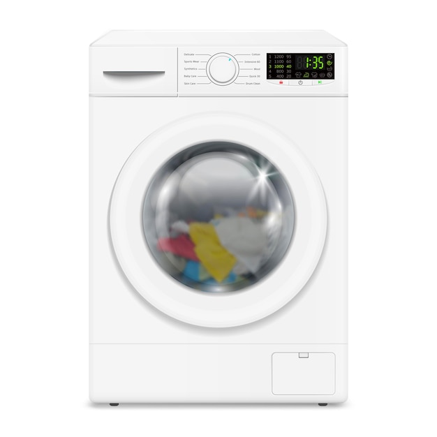 Working washing machine on white background