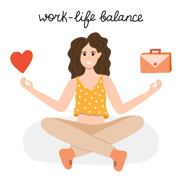 Worklife balance vector concept A woman sits in yoga lotus position and balances between life and work The choice between family friends entertainment love and career money finances job