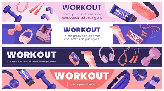 Vector workout equipment banner set illustration