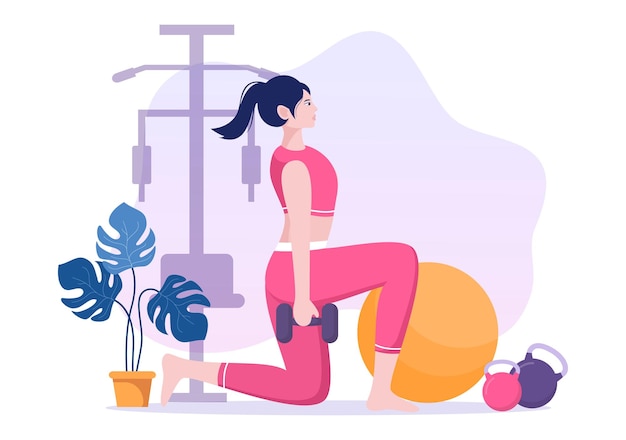 Workout Gym People Exercising Lifting Dumbbells or Fitness in Flat Poster Background illustration