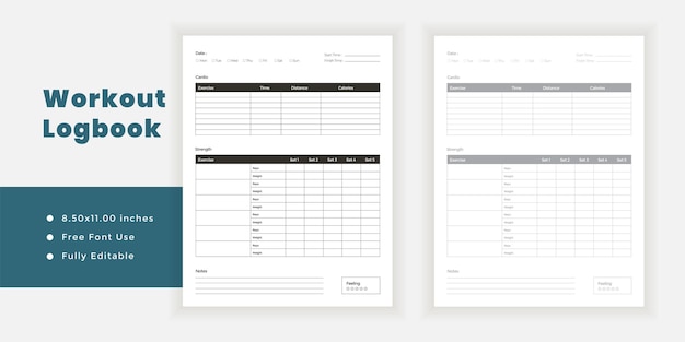 Workout logbook journal and minimal planner printable page template