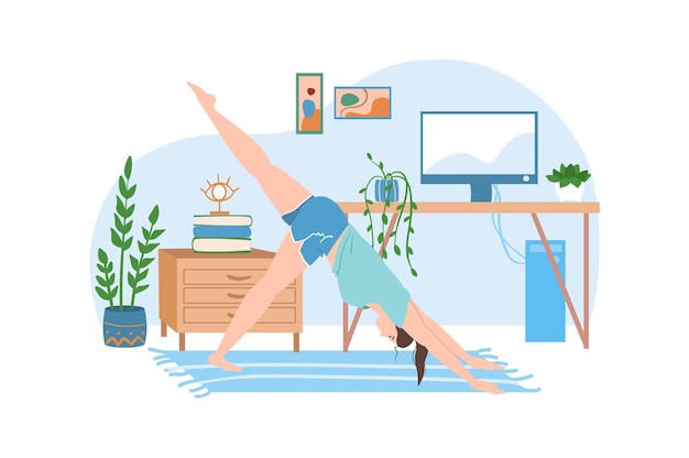 Workplace blue concept with people scene in the cartoon design Girl do physical exercises to rest