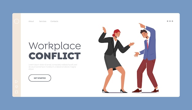 Vector workplace conflict landing page template angry businessman fight with business woman office characters quarrel