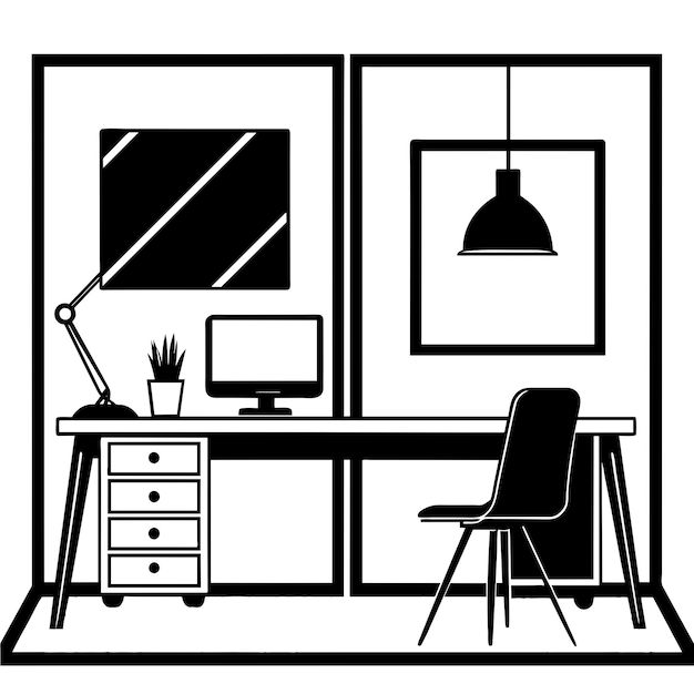 workplace design illustration graphic in black and white