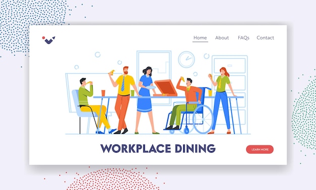 Workplace Dining Landing Page Template Business Team Eating Pizza in Office together with Disabled Colleague