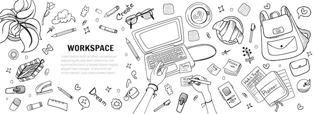 Workplace for graphic designer artist developer business management and IT Top View of desk Laptop mobile phone notebook and office supplies on the desktop Vector doodle line illustration