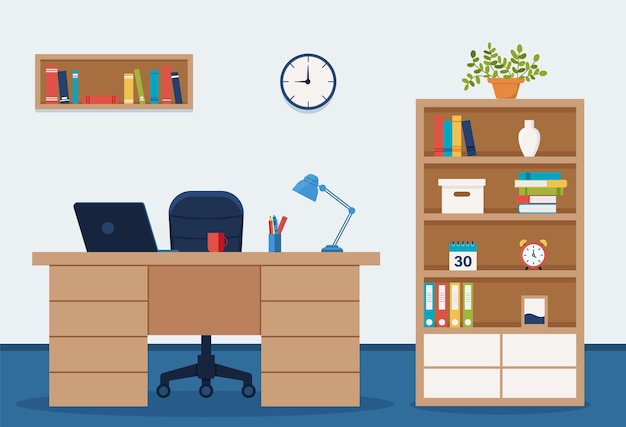 Workplace in office. Cabinet with workspace with table and computer. Concept illustration, flat style vector. eps 10