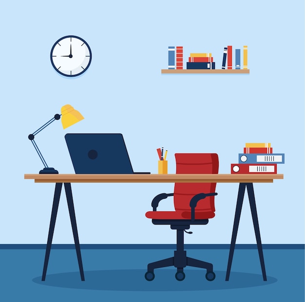 Workplace in office Cabinet with workspace with table and computer Concept illustration flat style vector