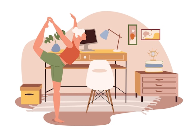 Workplace web concept. Woman doing yoga asana at home office. Freelancer or remote worker exercising in room with decor