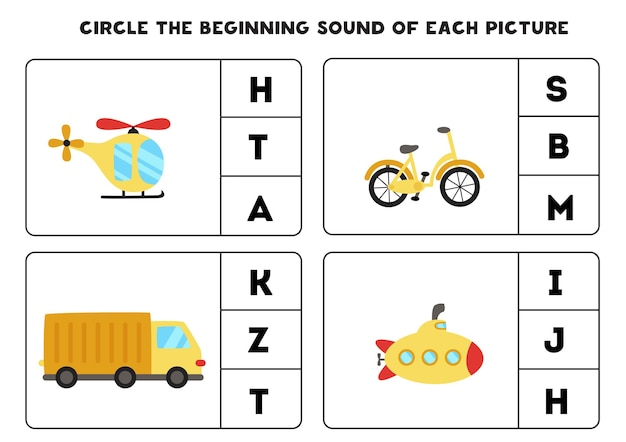 Worksheet for kids. Find the beginning sound. Cartoon transportation means.