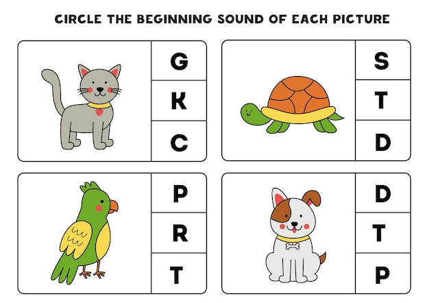 Worksheet for kids Find the beginning sound of cute pets