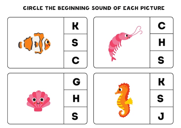 Worksheet for kids Find the beginning sound of cute sea animals