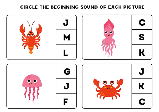 Worksheet for kids Find the beginning sound of cute sea animals