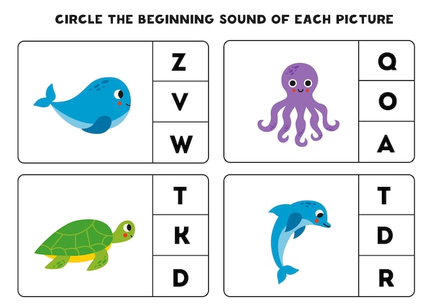 Worksheet for kids Find the beginning sound of cute sea animals