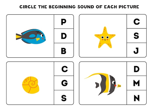 Worksheet for kids Find the beginning sound of cute sea animals