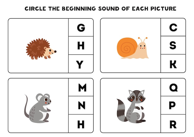 Worksheet for kids Find the beginning sound of cute woodland animals