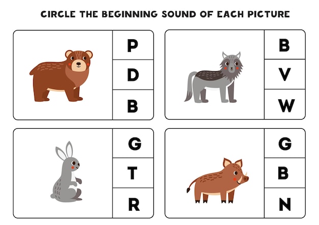 Worksheet for kids Find the beginning sound of cute woodland animals