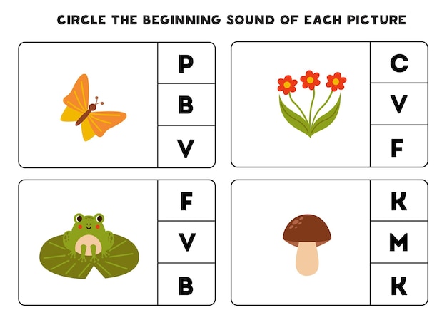 Worksheet for kids Find the beginning sound of cute woodland elements