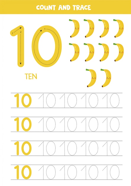 Worksheet for kids. Seven cute cartoon bananas. Tracing number 10.