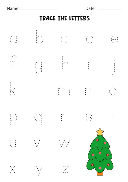 Worksheet with Christmas tree Trace lowercase letters of alphabet