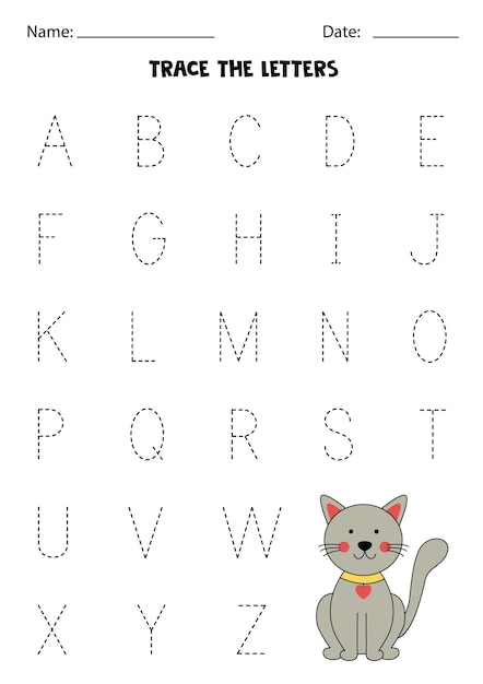 Worksheet with cute cat Trace uppercase letters of alphabet