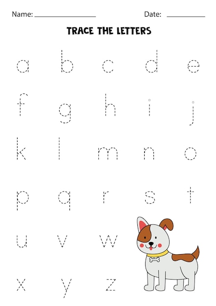 Worksheet with cute dog Trace lowercase letters of alphabet