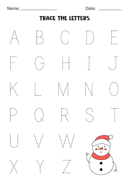 Worksheet with cute snowman Trace uppercase letters of alphabet