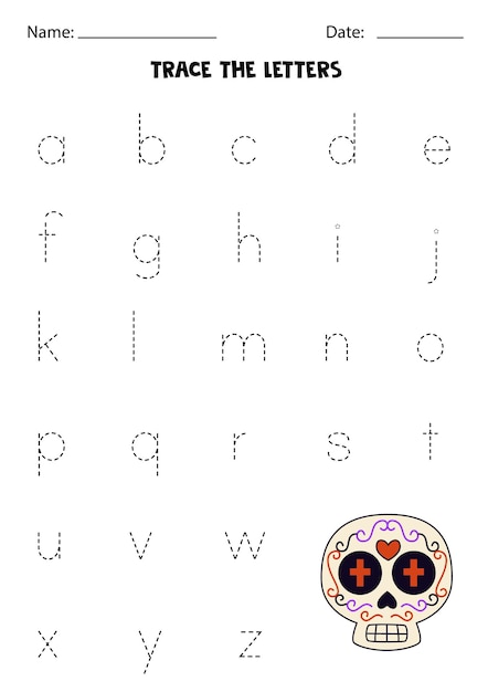 Worksheet with Mexican skull Trace lowercase letters of alphabet