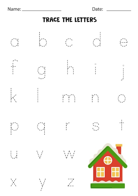 Worksheet with winter house Trace lowercase letters of alphabet