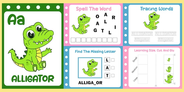 Worksheets pack for kids with alligator vector