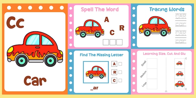 Worksheets pack for kids with car vector children39s study book