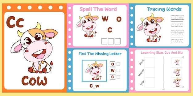 Worksheets pack for kids with cow vector children39s study book