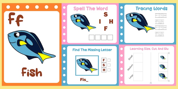 Worksheets pack for kids with fish vector children39s study book