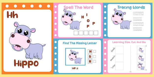 Worksheets pack for kids with hippo vector children39s study book