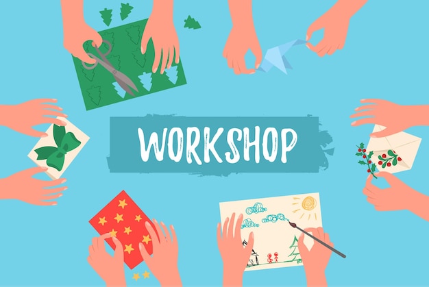 Vector workshop illustration with children hands cutting paper, painting, knitting and sewing