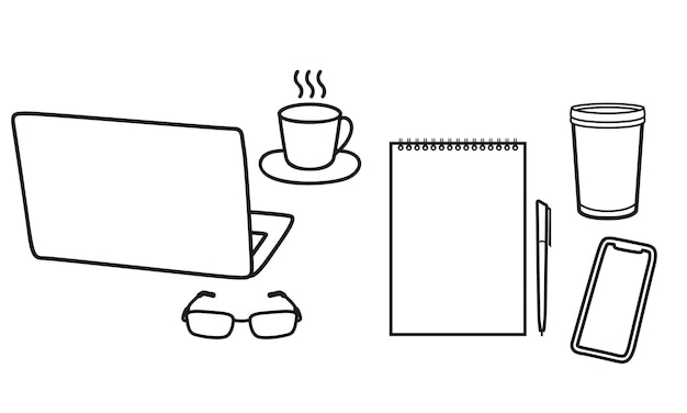 Workspace decorative icons set laptop smartphone notepad pen coffee glasses vector symbols isolated on white