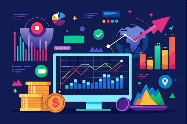 Vector a workspace features a computer displaying stock market graphs alongside charts and currency symbols study stock market trending