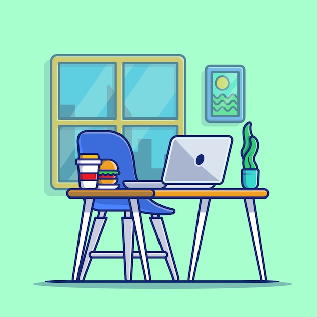 Workspace Laptop With Burger And Plant Cartoon Icon Illustration. Workspace Technology Icon Concept Isolated Premium . Flat Cartoon Style