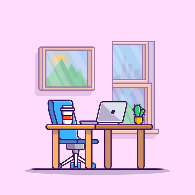 Workspace Laptop With Coffee And Plant Cartoon Icon Illustration. Workplace Technology Icon Concept Isolated Premium . Flat Cartoon Style