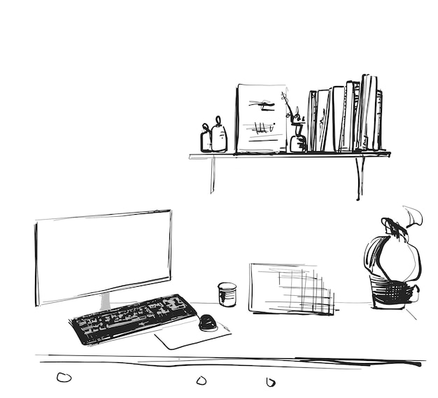 Workspace office desk computer chair potted plant Interior sketch