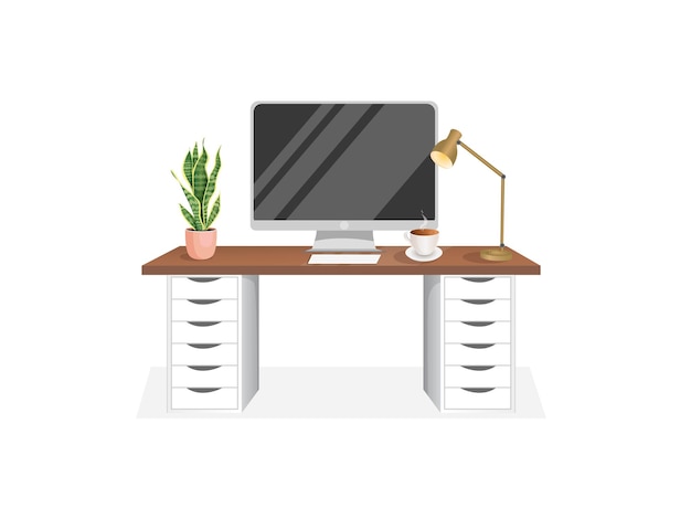 Workspace with a computer table plant lamp and cup. Vector illustration in flat cartoon style