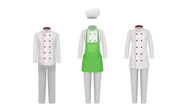 Vector workwear or professional staff clothing with restaurant chef outfit front view vector set