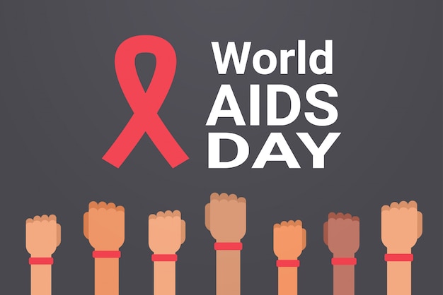 World AIDS day awareness hands with red ribbon sign medical prevention