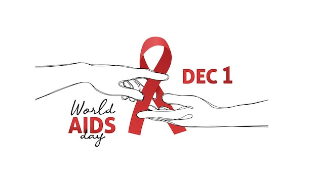 World Aids Day Banner With Hand Drawn Helping Hand and Red Ribbon Illustration