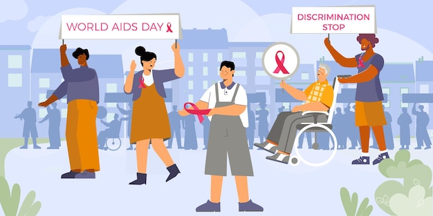 World AIDS day card with group of walking activists