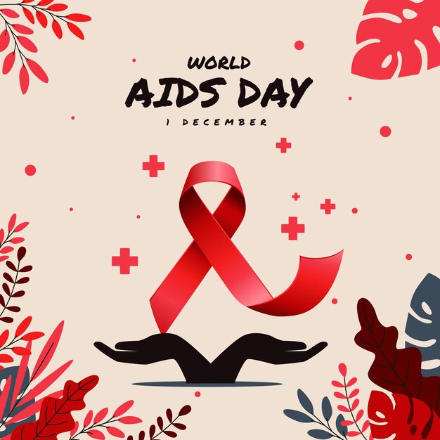 Vector world aids day with floral plant decor and peace symbol in the middle