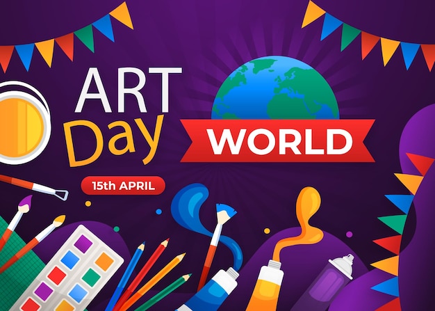 World Art Day flat lay background with art tools and globe