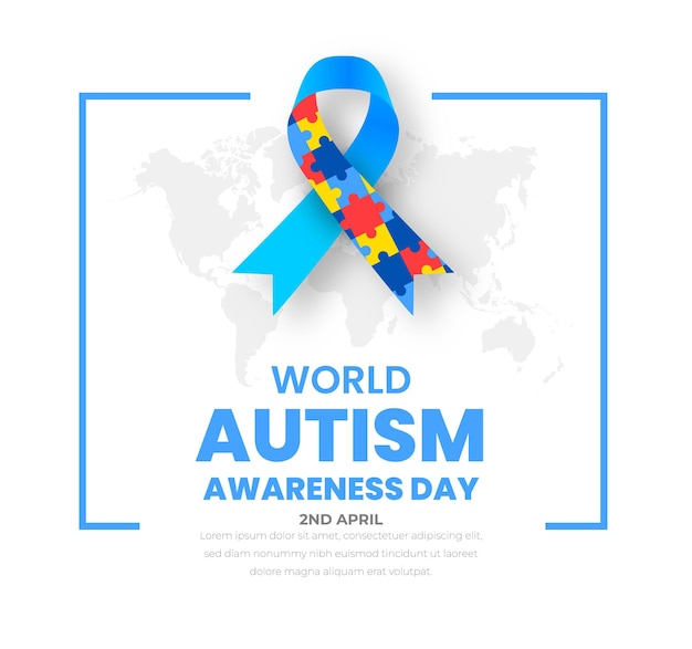 Vector world autism awareness day banner with puzzle ribbon and world map design template